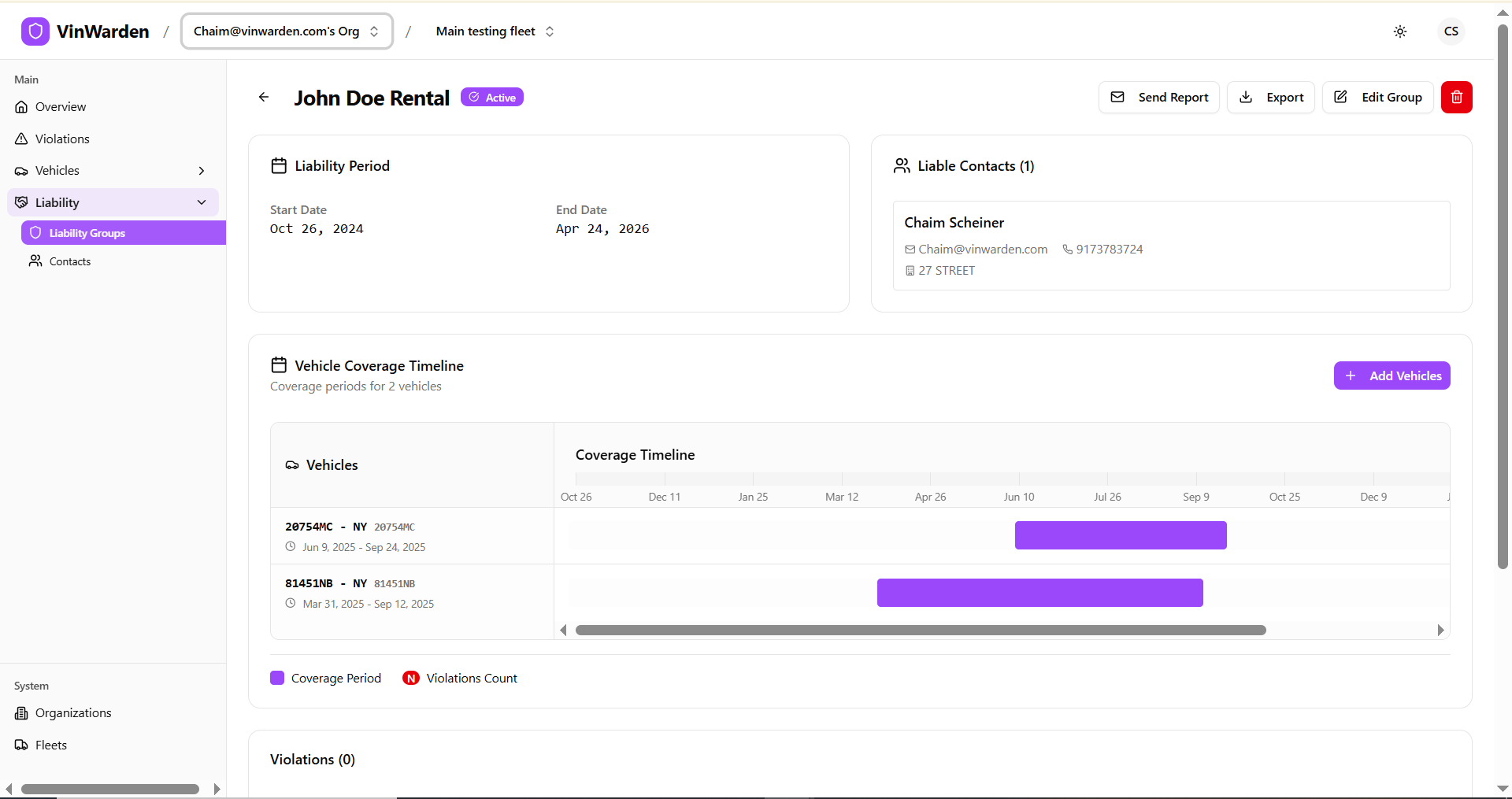 Liability groups with period, contacts, vehicle coverage timeline